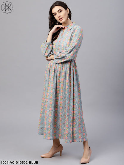 Powder Blue Printed Maxi Dress With Shirt Collar And Full Sleeves