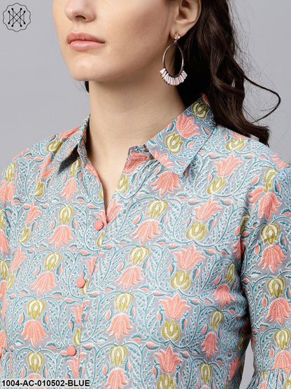 Powder Blue Printed Maxi Dress With Shirt Collar And Full Sleeves