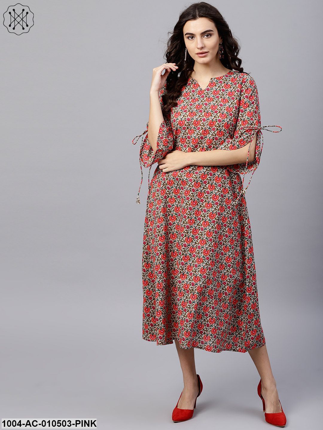 Floral Multi Printed A-Line Kurta With Keyhole Neck And 3/4 Sleeves