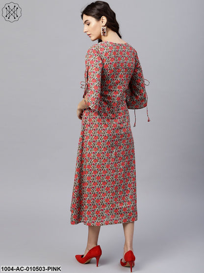 Floral Multi Printed A-Line Kurta With Keyhole Neck And 3/4 Sleeves