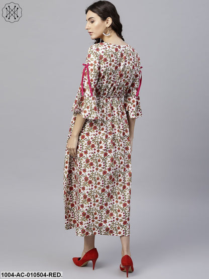 White Cotton Floral Printed A-Line Maxi Dress With V-Neck And Flared Sleeves