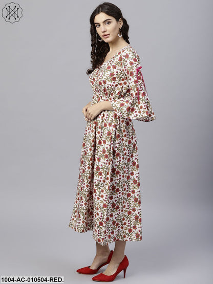 White Cotton Floral Printed A-Line Maxi Dress With V-Neck And Flared Sleeves