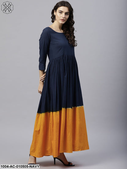Navy Blue And Orange Ombre Dyed Maxi Dress With Round Neck And 3/4 Sleeves