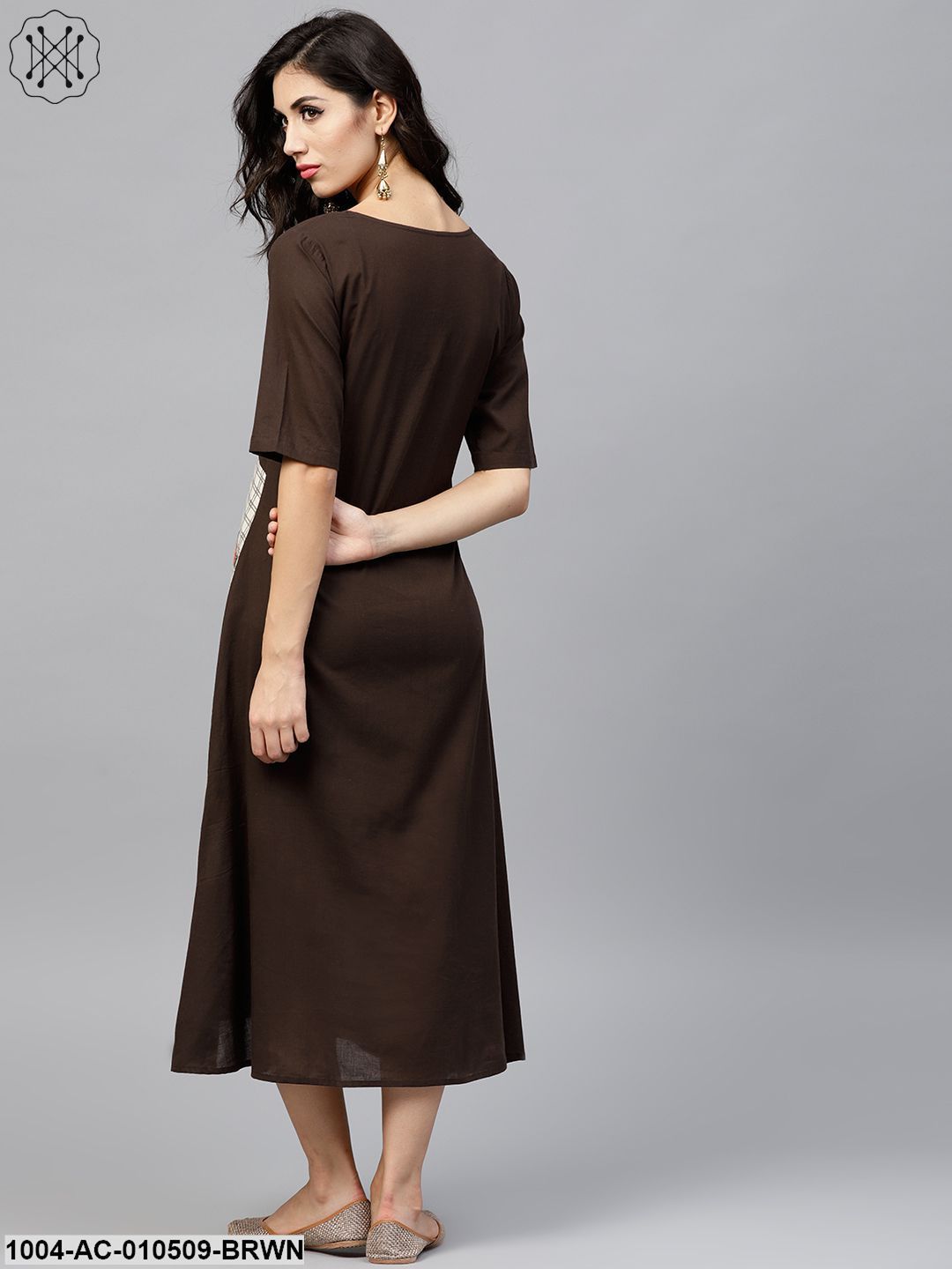 Dark Brown A-Line Dress With Front Patch Pockets And Half Sleeves
