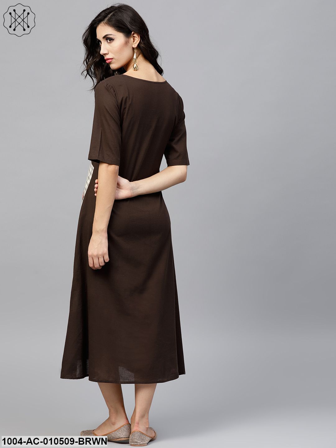 Dark Brown A-Line Dress With Front Patch Pockets And Half Sleeves Dark Brown A-Line Dress With Front Patch Pockets And Half Sleeves