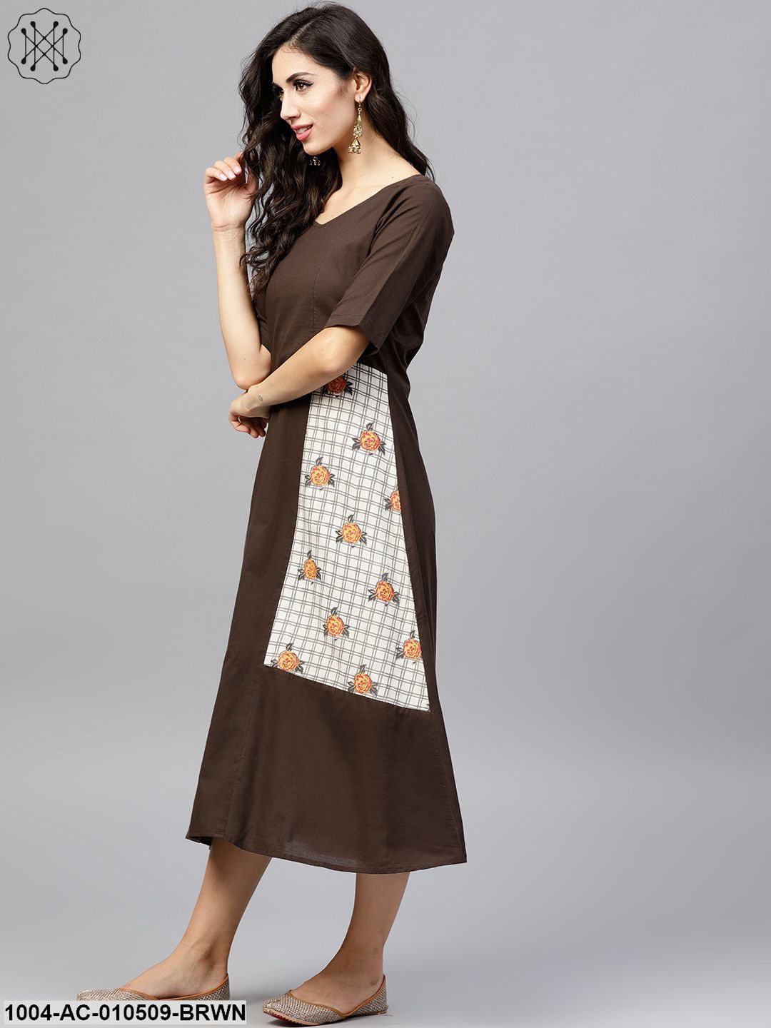 Dark Brown A-Line Dress With Front Patch Pockets And Half Sleeves Trendphoria Dark Brown A-Line Dress With Front Patch Pockets And Half Sleeves Trendphoria