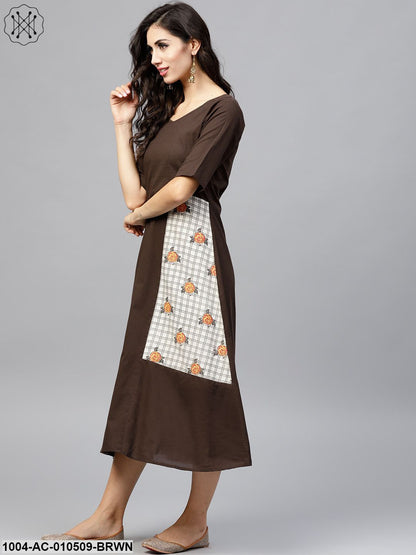 Dark Brown A-Line Dress With Front Patch Pockets And Half Sleeves Trendphoria Dark Brown A-Line Dress With Front Patch Pockets And Half Sleeves Trendphoria