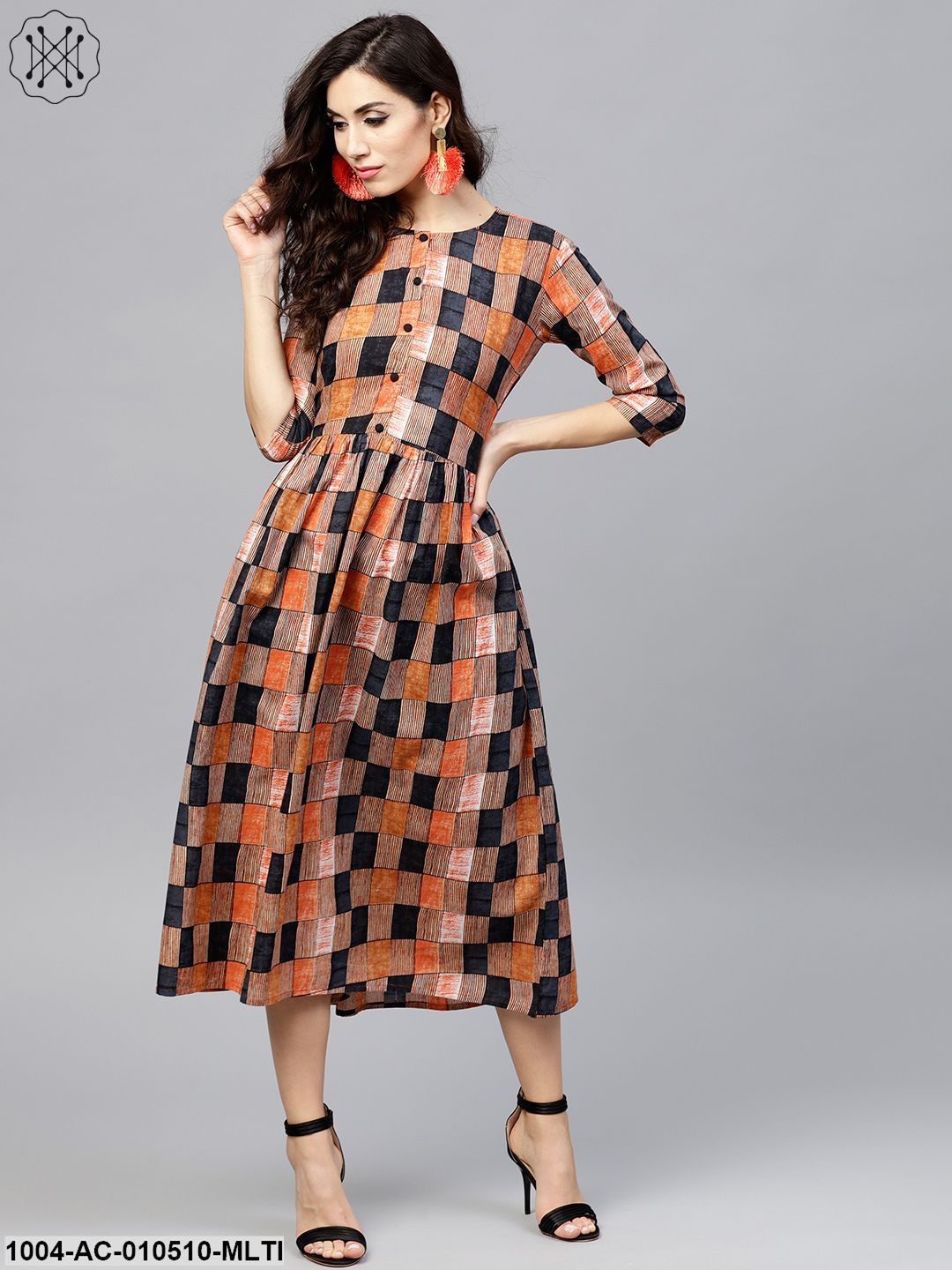 Multi ColoredRound Neck Checked Dress With Front Placket And 3/4 Sleeves