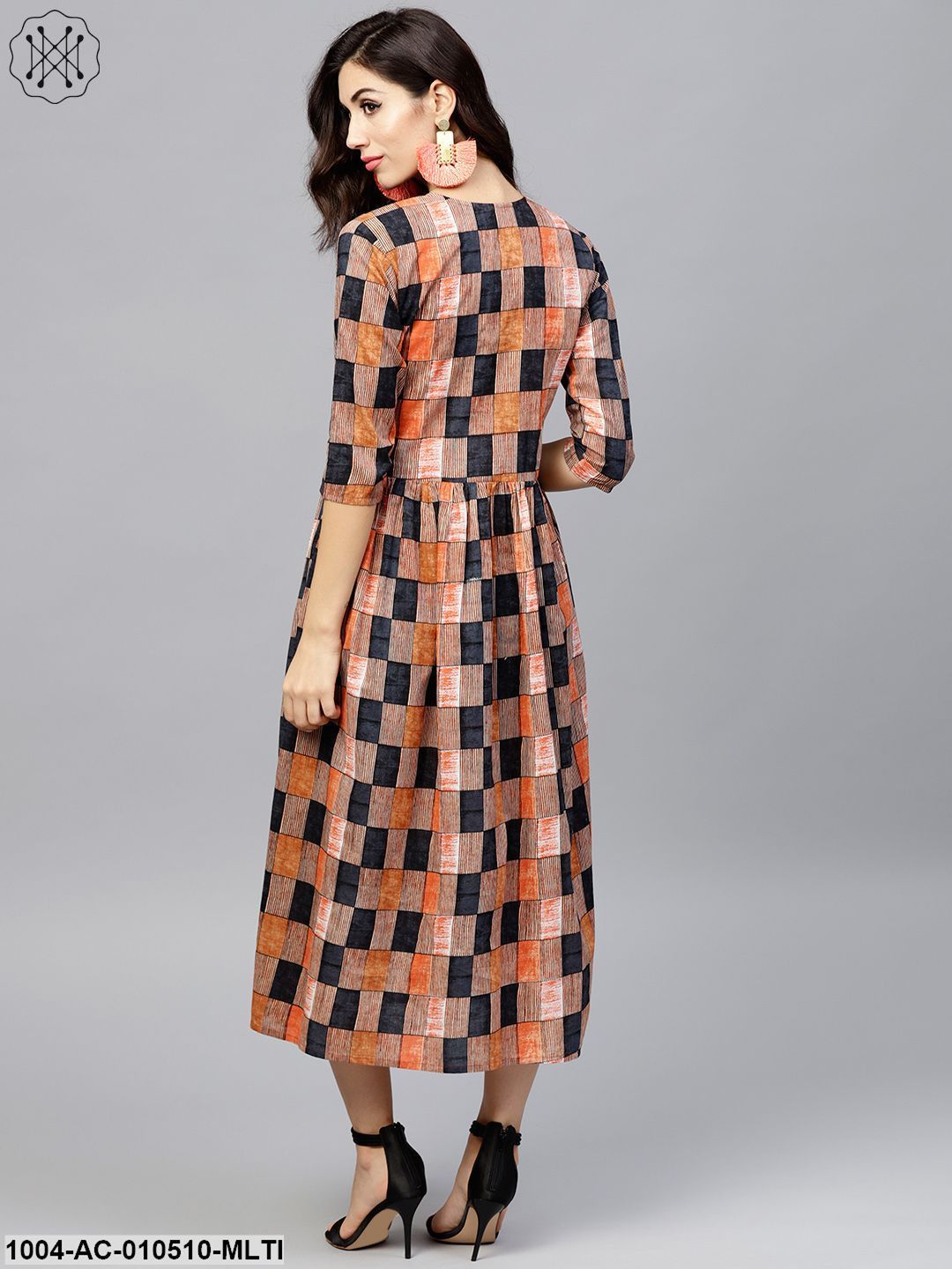 Multi ColoredRound Neck Checked Dress With Front Placket And 3/4 Sleeves
