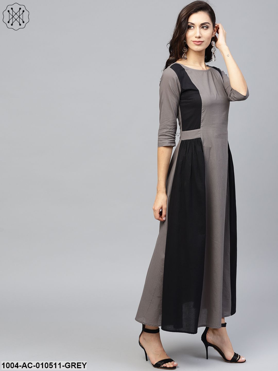Grey And Color Blocking Dress With Round Neck And 3/4 Sleeves