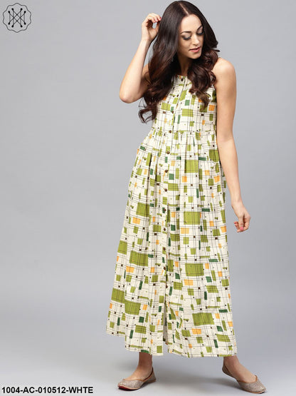White Printed Sleeveless Dress With Front Placket And Round Neck