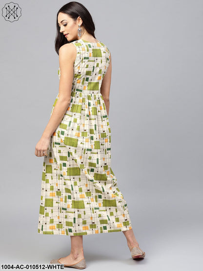 White Printed Sleeveless Dress With Front Placket And Round Neck