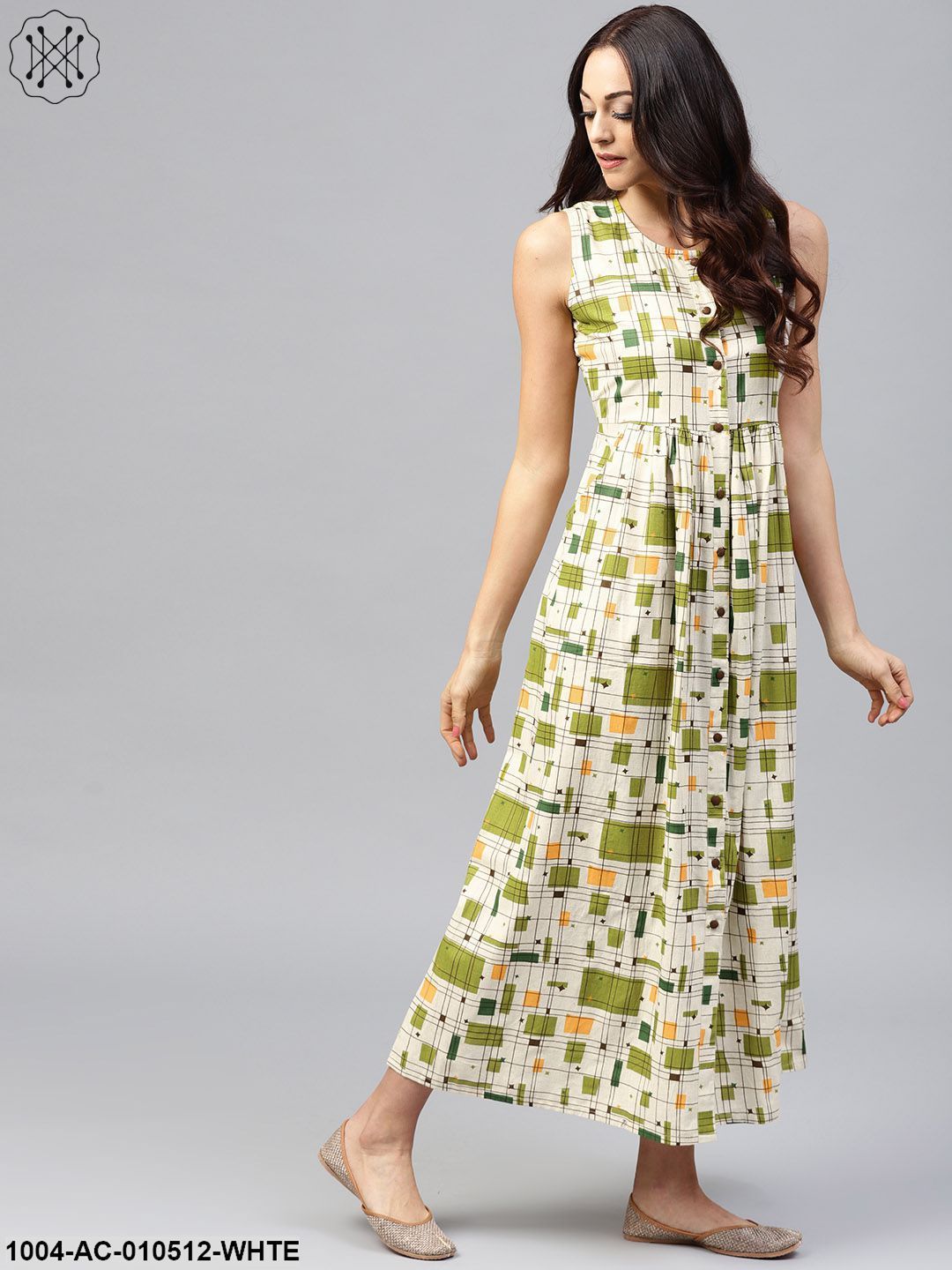White Printed Sleeveless Dress With Front Placket And Round Neck