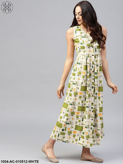 White Printed Sleeveless Dress With Front Placket And Round Neck