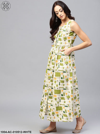 White Printed Sleeveless Dress With Front Placket And Round Neck