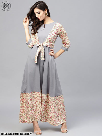 Grey A-Line Dress With Round Neck And 3/4 Sleeves