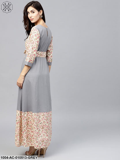 Grey A-Line Dress With Round Neck And 3/4 Sleeves