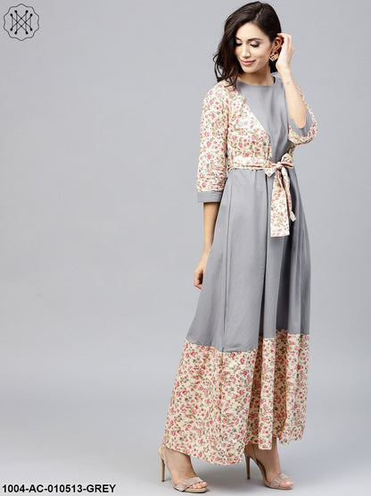 Grey A-Line Dress With Round Neck And 3/4 Sleeves