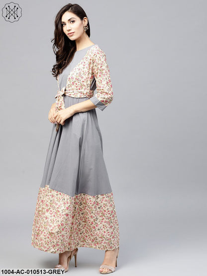 Grey A-Line Dress With Round Neck And 3/4 Sleeves