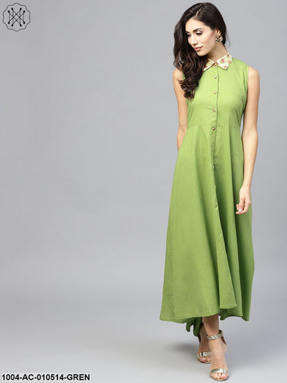 Pastel Green Maxi Dress With Detached Floral Jacket And Shirt Collar