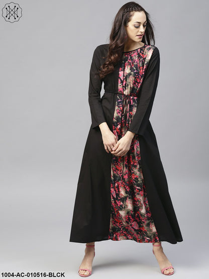 Black Printed Maxi Dress With Round Neck And Full Sleeves