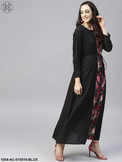 Black Printed Maxi Dress With Round Neck And Full Sleeves