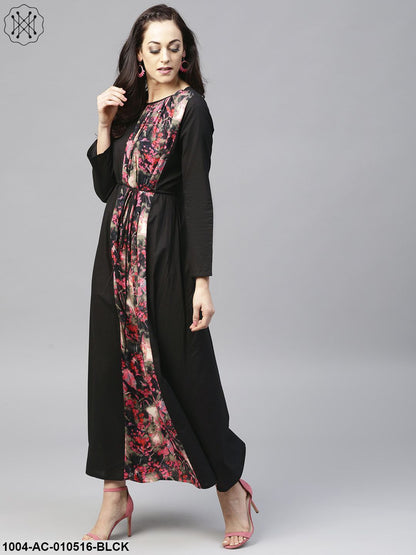 Black Printed Maxi Dress With Round Neck And Full Sleeves