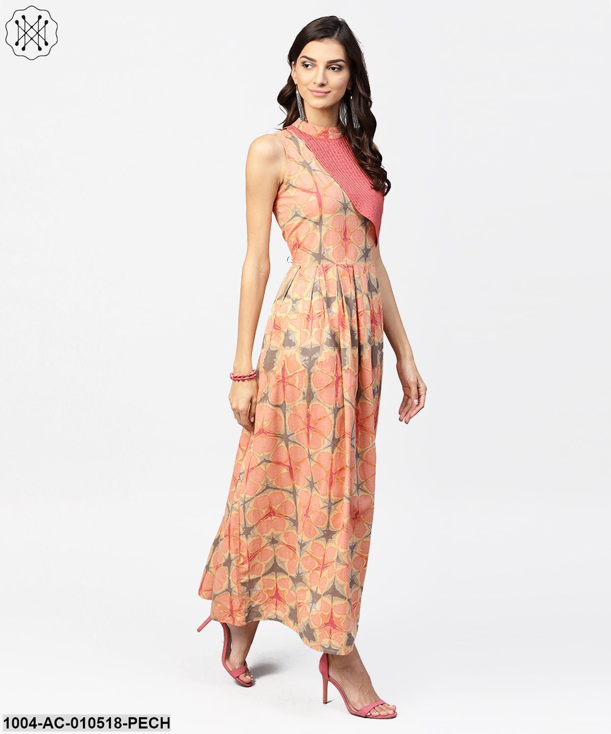 Multi Colored Maxi Dress With Madarin Collar With Overlapped Jacket