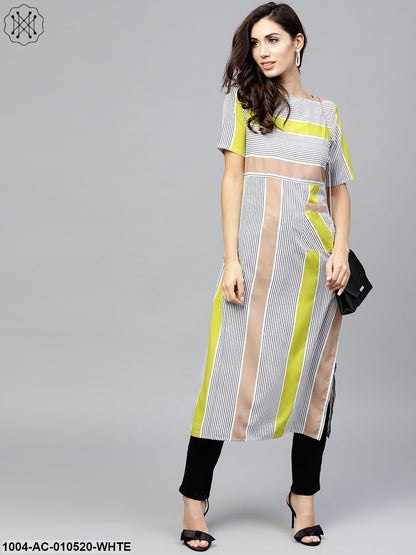 Striped Calf Lenth Dress With Round Neck And Half Sleeves