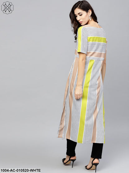 Striped Calf Lenth Dress With Round Neck And Half Sleeves