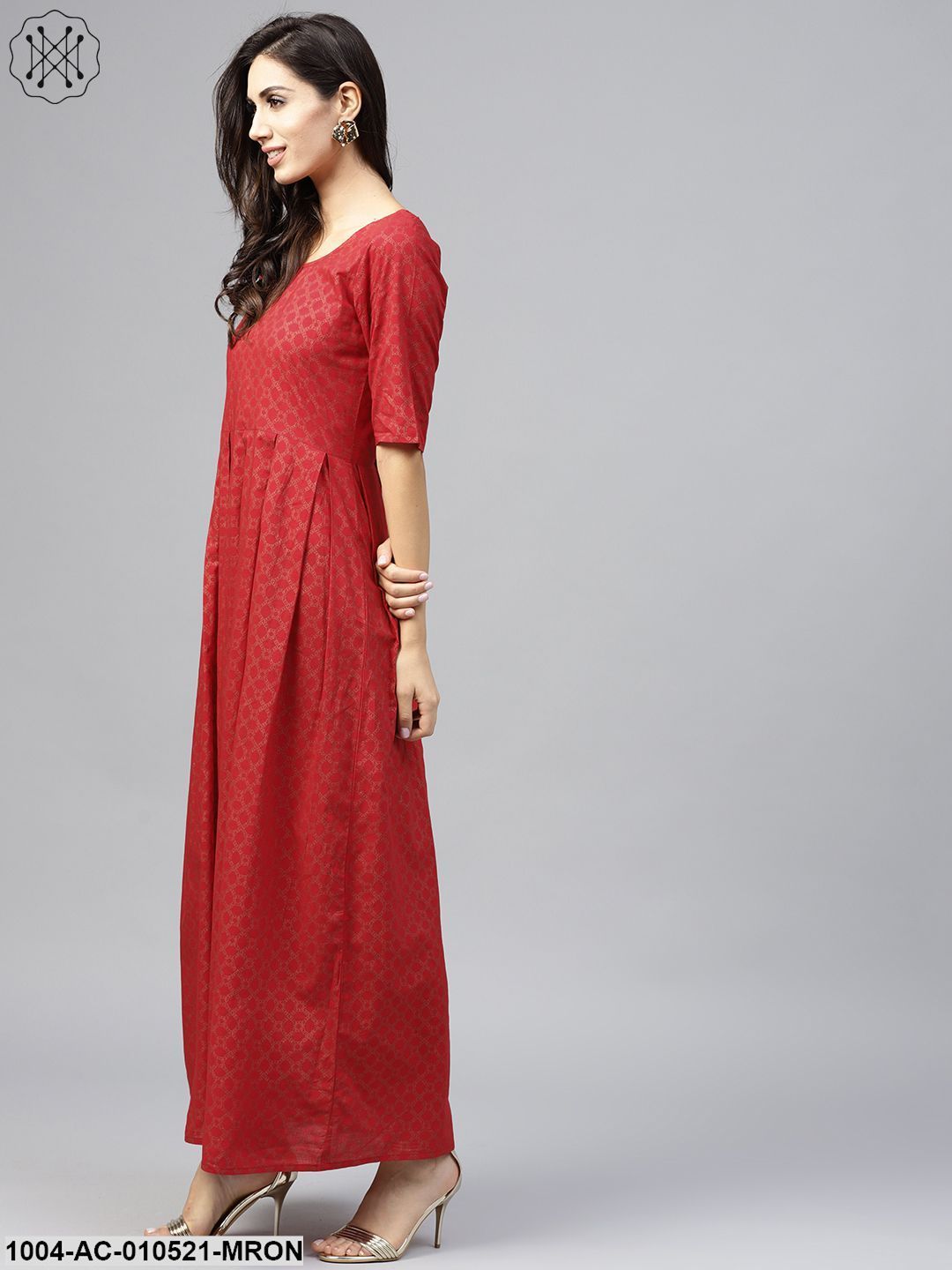 Maroon Printed Maxi Dress With Round Neck And Half Sleeves