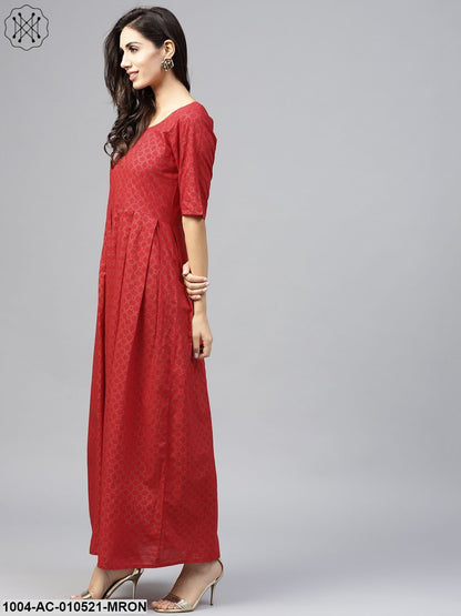 Maroon Printed Maxi Dress With Round Neck And Half Sleeves