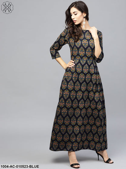 Multi Coloured Maxi Dress With Round Neck And 3/4 Sleeves