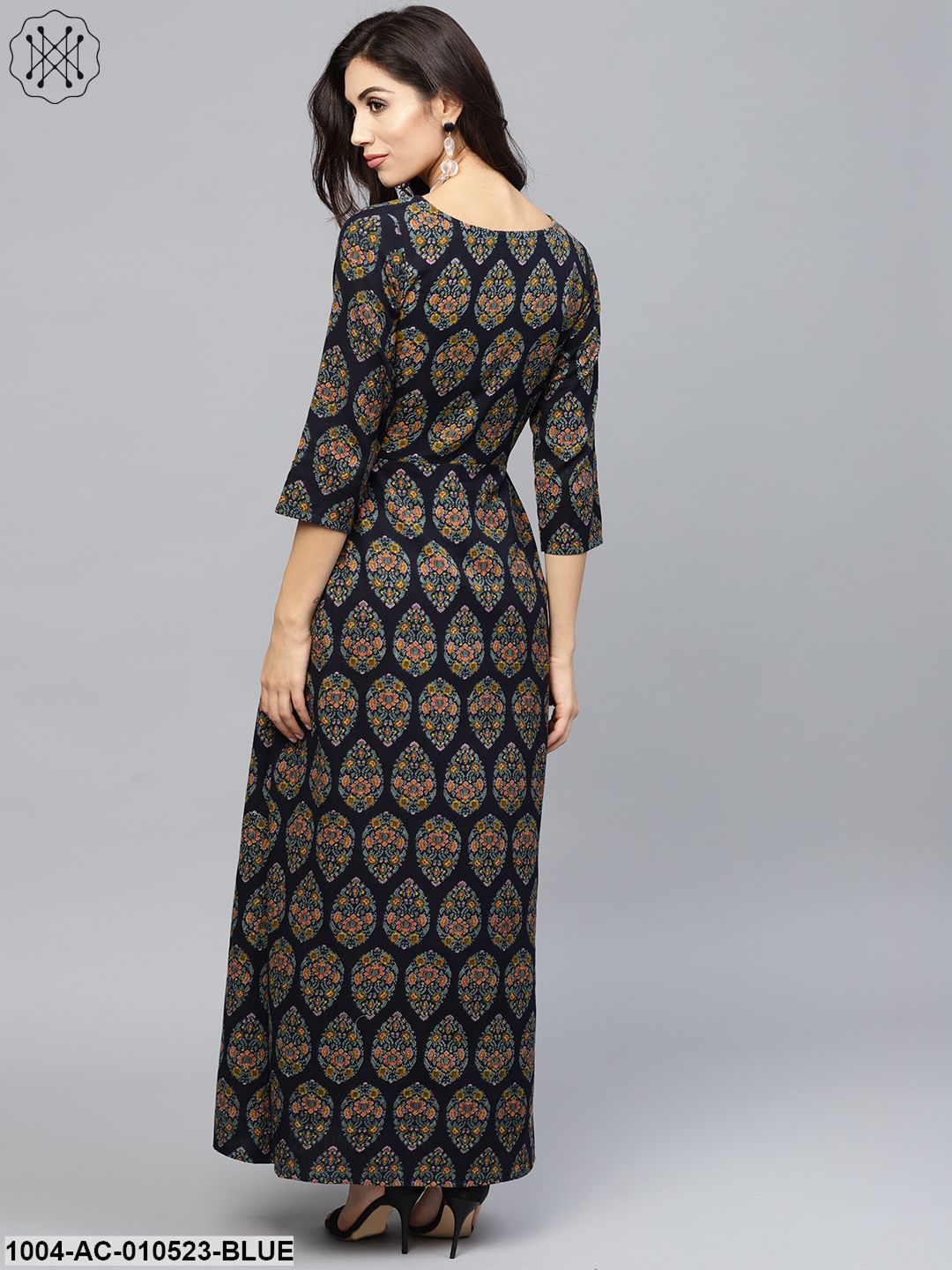 Multi Coloured Maxi Dress With Round Neck And 3/4 Sleeves