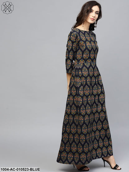 Multi Coloured Maxi Dress With Round Neck And 3/4 Sleeves