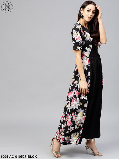 Black Maxi Dress With Round Neck And 3/4 Sleeves