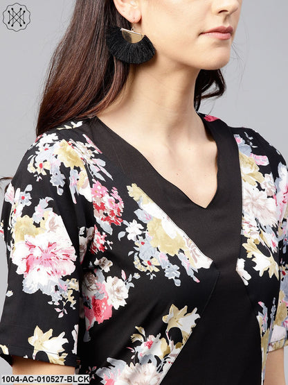 Black Maxi Dress With Round Neck And 3/4 Sleeves