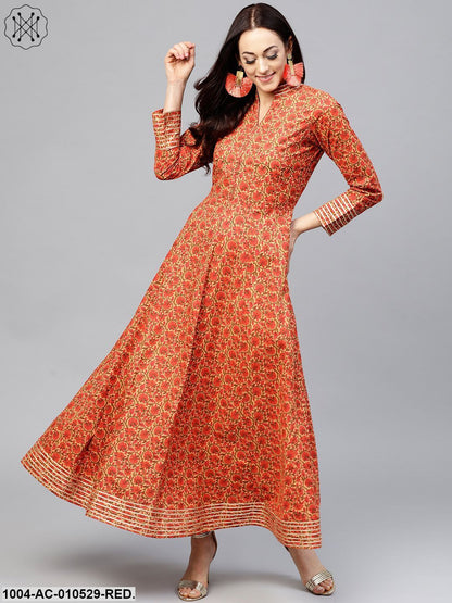 Red Floral Printed Maxi Dress With Madarin Collar Slit And Full Sleeves