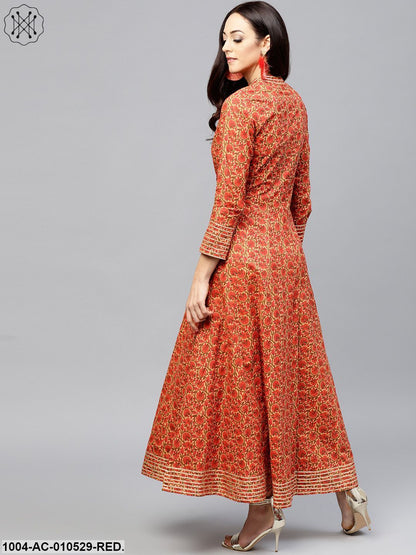 Red Floral Printed Maxi Dress With Madarin Collar Slit And Full Sleeves