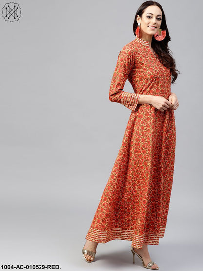 Red Floral Printed Maxi Dress With Madarin Collar Slit And Full Sleeves