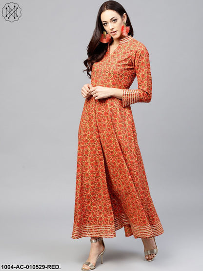 Red Floral Printed Maxi Dress With Madarin Collar Slit And Full Sleeves