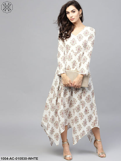 White Printed Maxi Dress With V-Neck And Full Sleeves