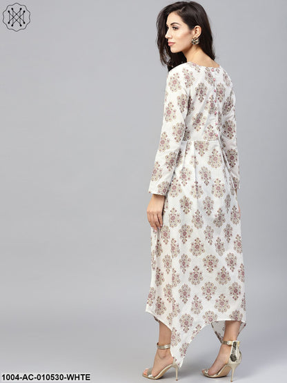 White Printed Maxi Dress With V-Neck And Full Sleeves