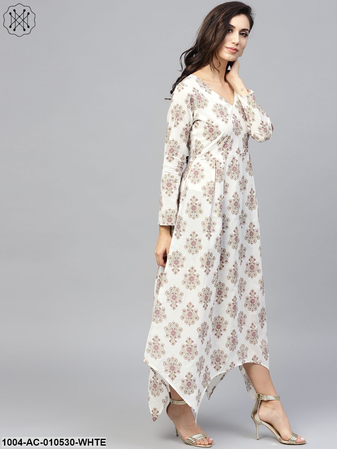 White Printed Maxi Dress With V-Neck And Full Sleeves