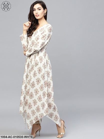 White Printed Maxi Dress With V-Neck And Full Sleeves