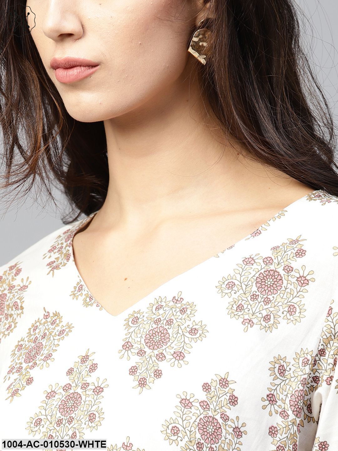 White Printed Maxi Dress With V-Neck And Full Sleeves