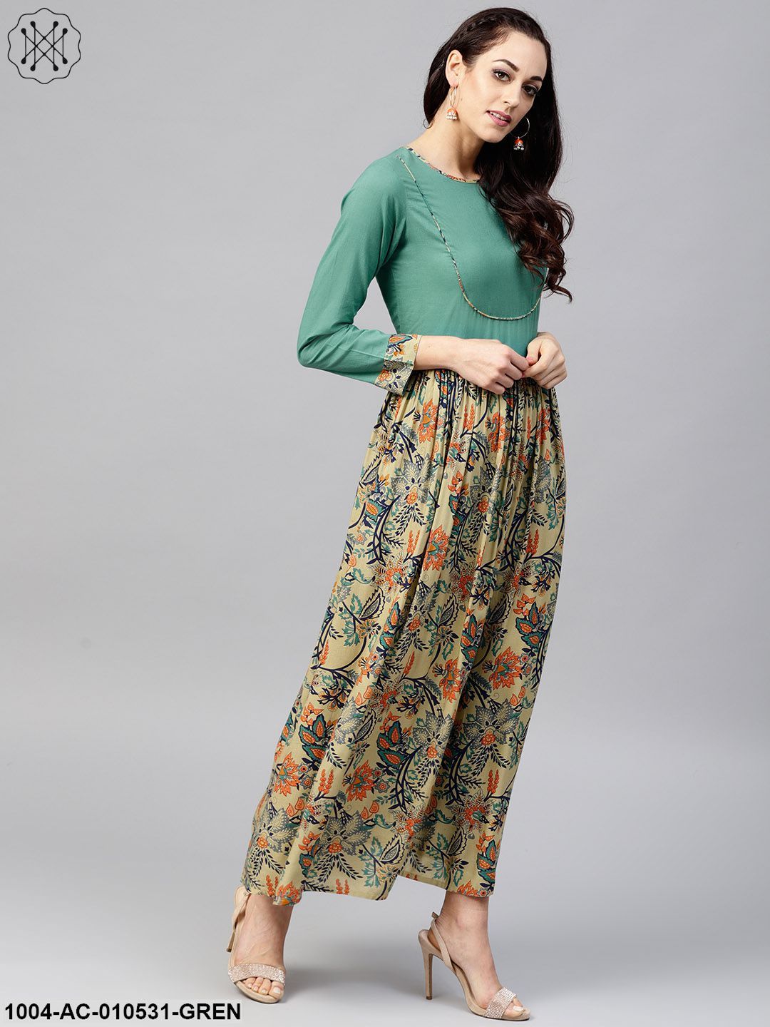 Multi Printed Maxi Dress With Round Neck And Full Sleeves