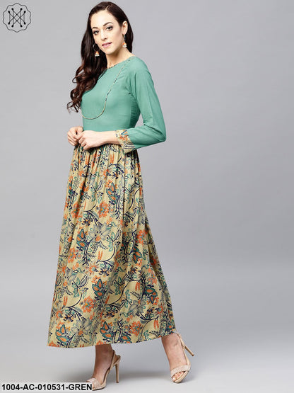 Multi Printed Maxi Dress With Round Neck And Full Sleeves