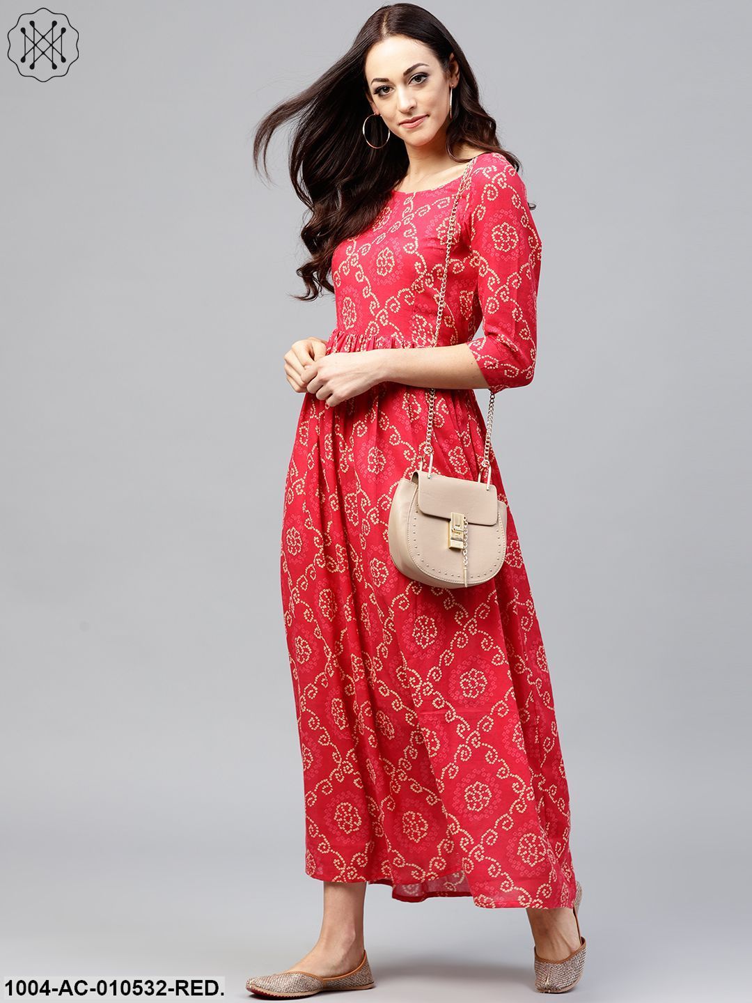 Red Printed Maxi Dress With Round Neck And 3/4 Sleeves