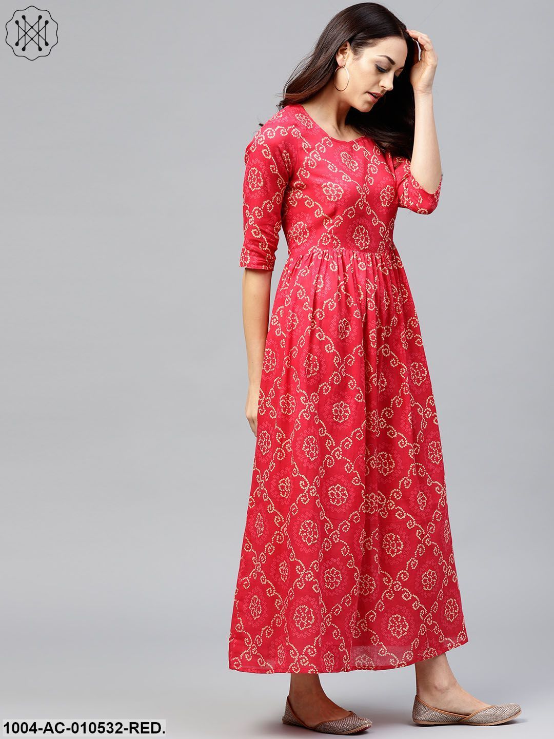 Red Printed Maxi Dress With Round Neck And 3/4 Sleeves